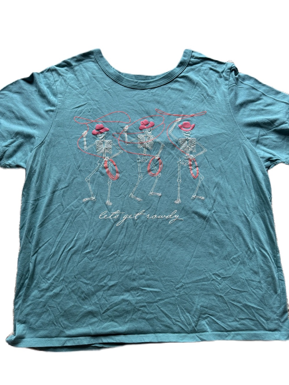 Zoe + Liv Teal Graphic Tee with Pink Accent Skeleton Cowgirls